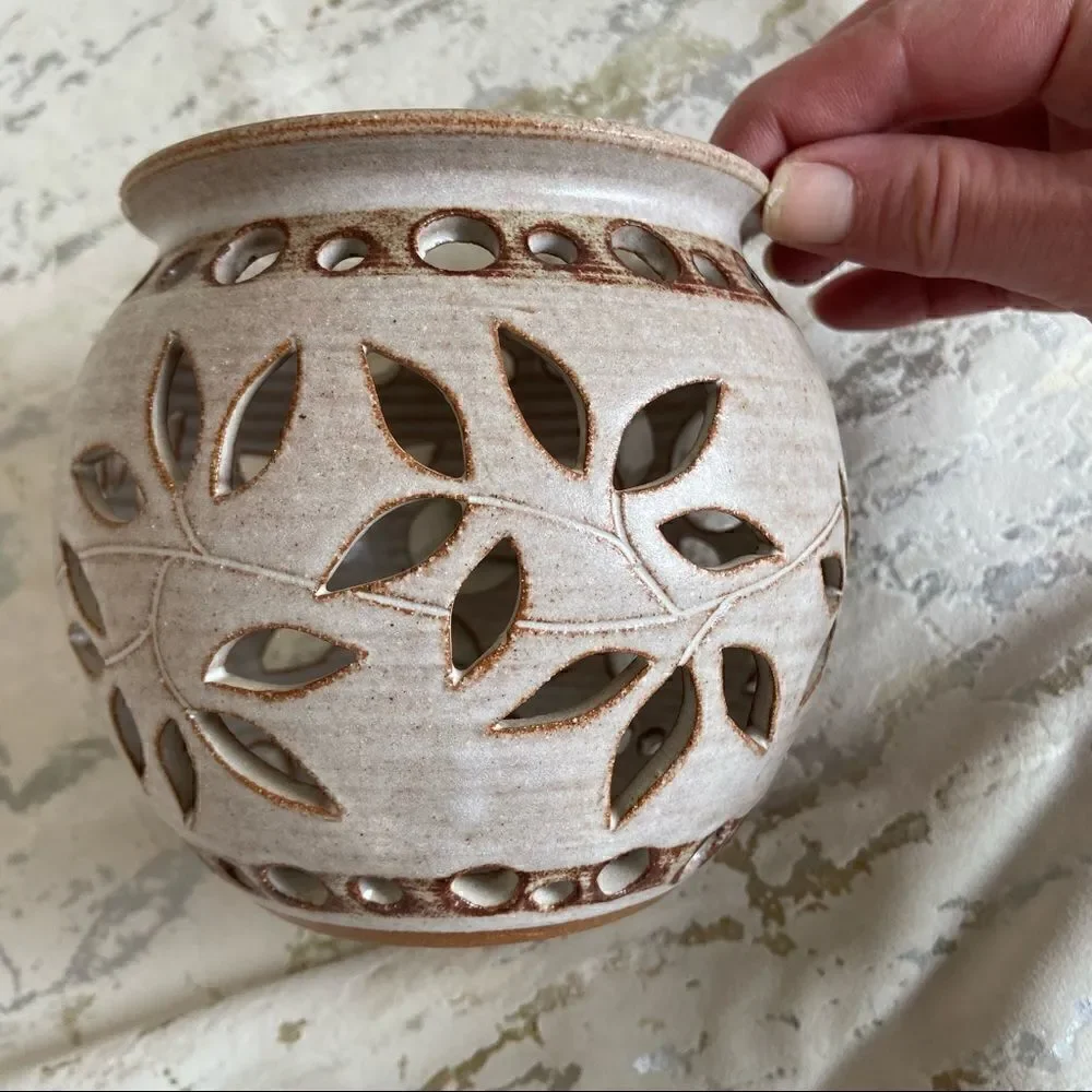 Vintage Hand glazed Pottery Signed Floral Cutout